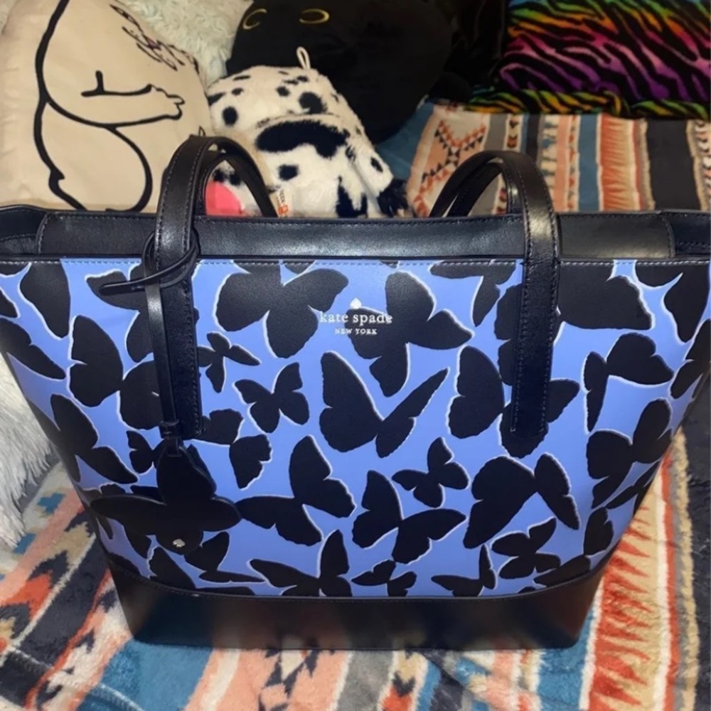 kate spade purse blue and black butterfly tote